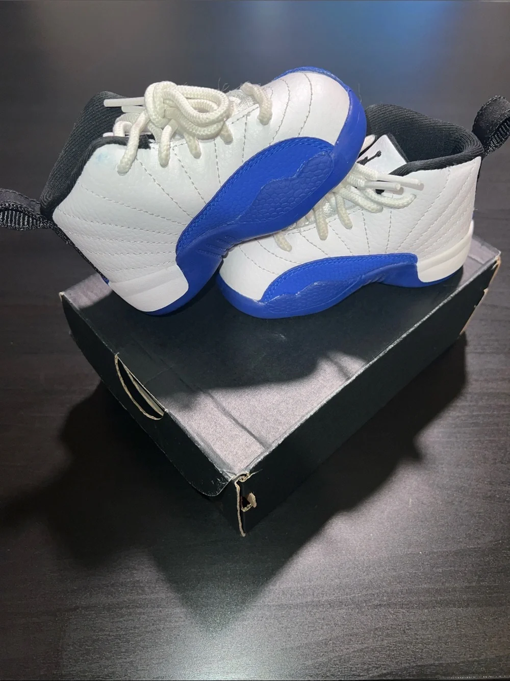 (5c) Kids White and (Blue Berry) High-Top Jordan 12 Retro Sneakers